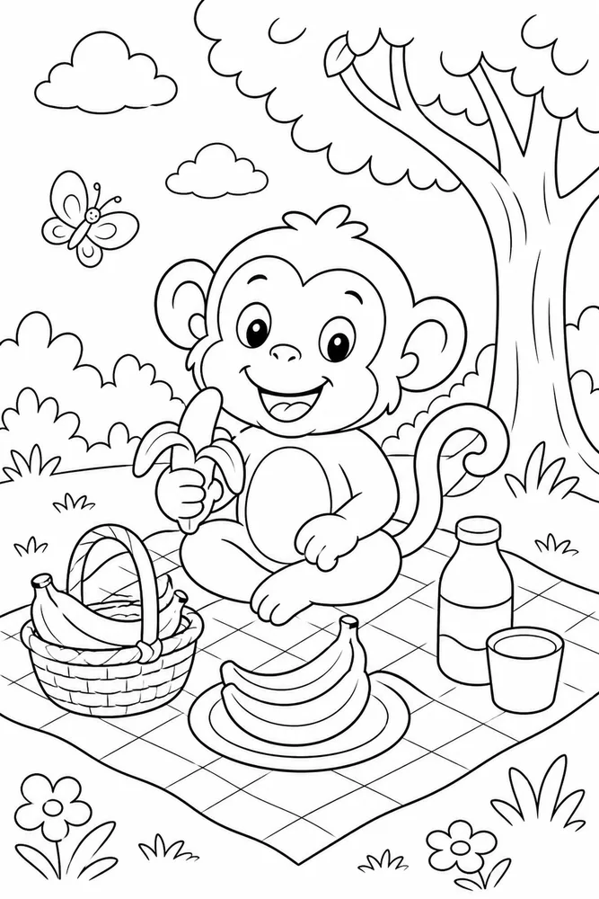 Cute Monkey Coloring Pages preview: Cute Monkey Monkey Banana Picnic coloring page