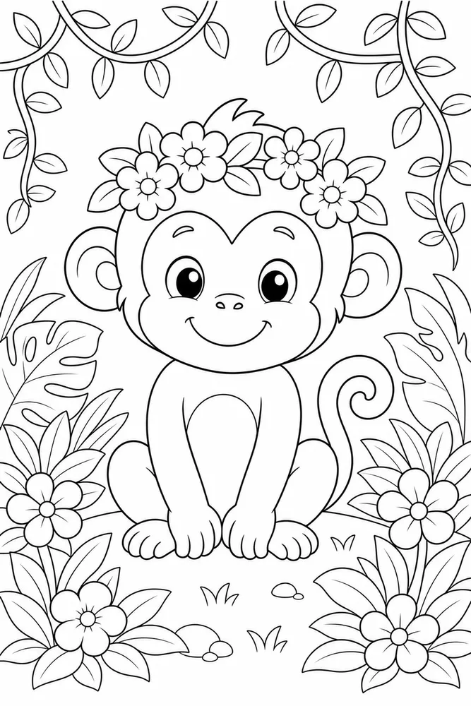 Cute Monkey Monkey Flower Crown coloring page