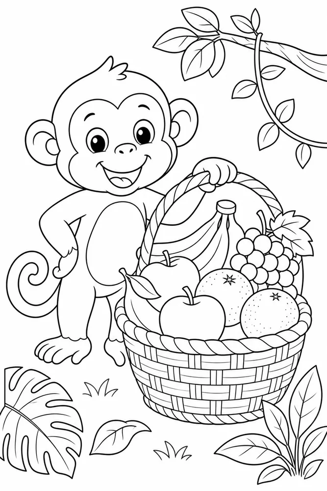 Cute Monkey Monkey Fruit Basket coloring page