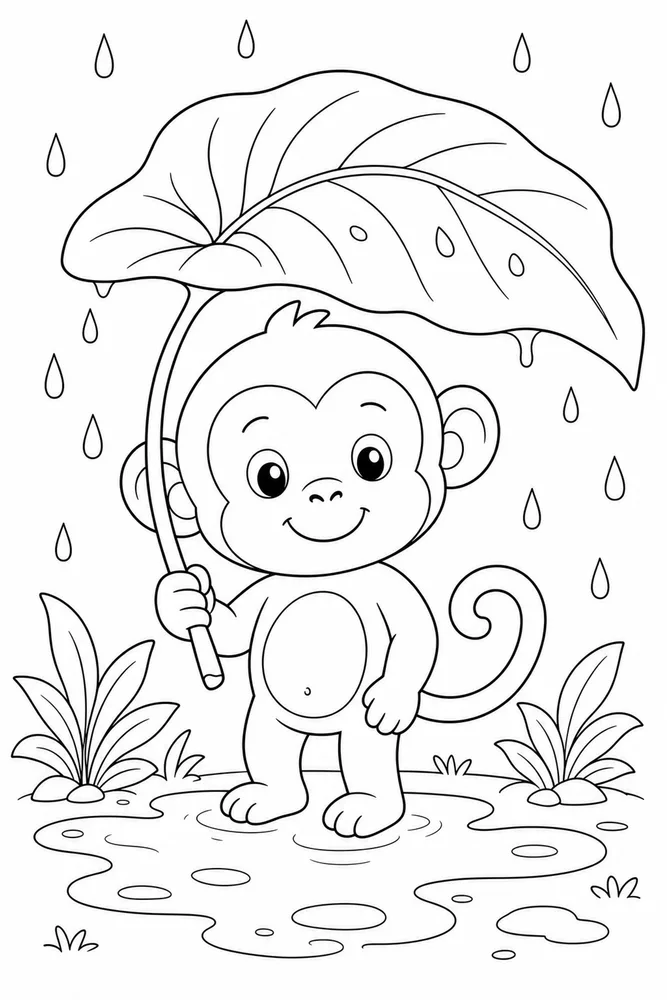 Cute Monkey Monkey Rain Leaf Umbrella coloring page