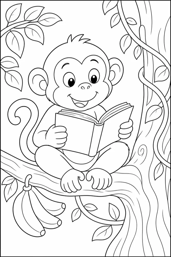 Cute Monkey Monkey Reading Branch coloring page
