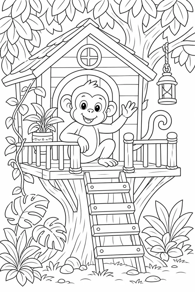 Cute Monkey Monkey Treehouse Porch coloring page