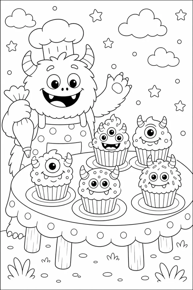 Cute Monster Monster Cupcake Table coloring page
