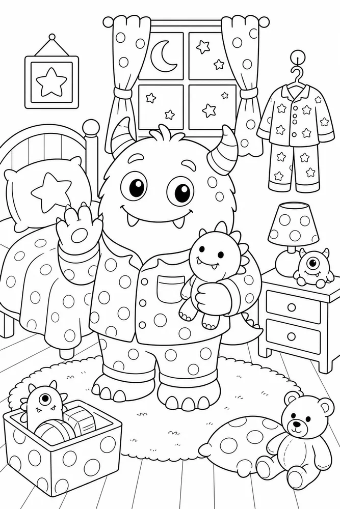 Cute Monster Monster Pajama Room coloring page