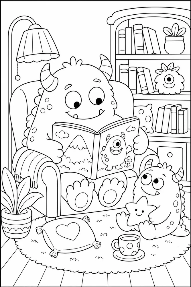 Cute Monster Monster Reading Nook coloring page