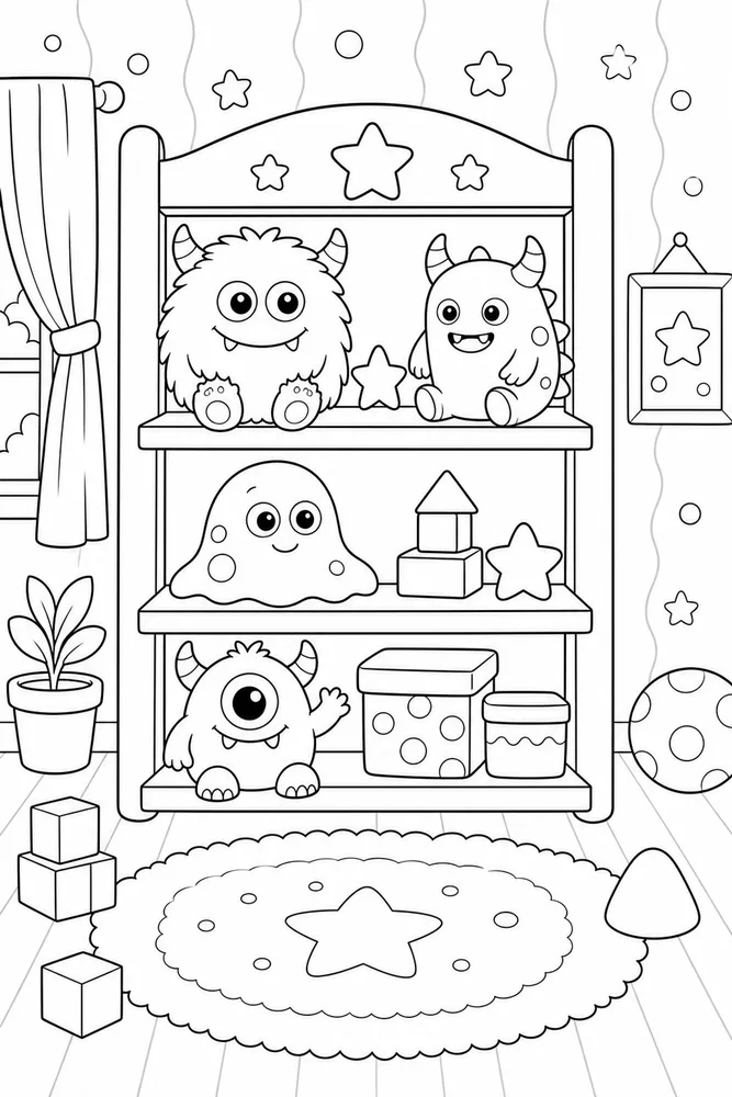 Cute Monster Monster Toy Shelf coloring page