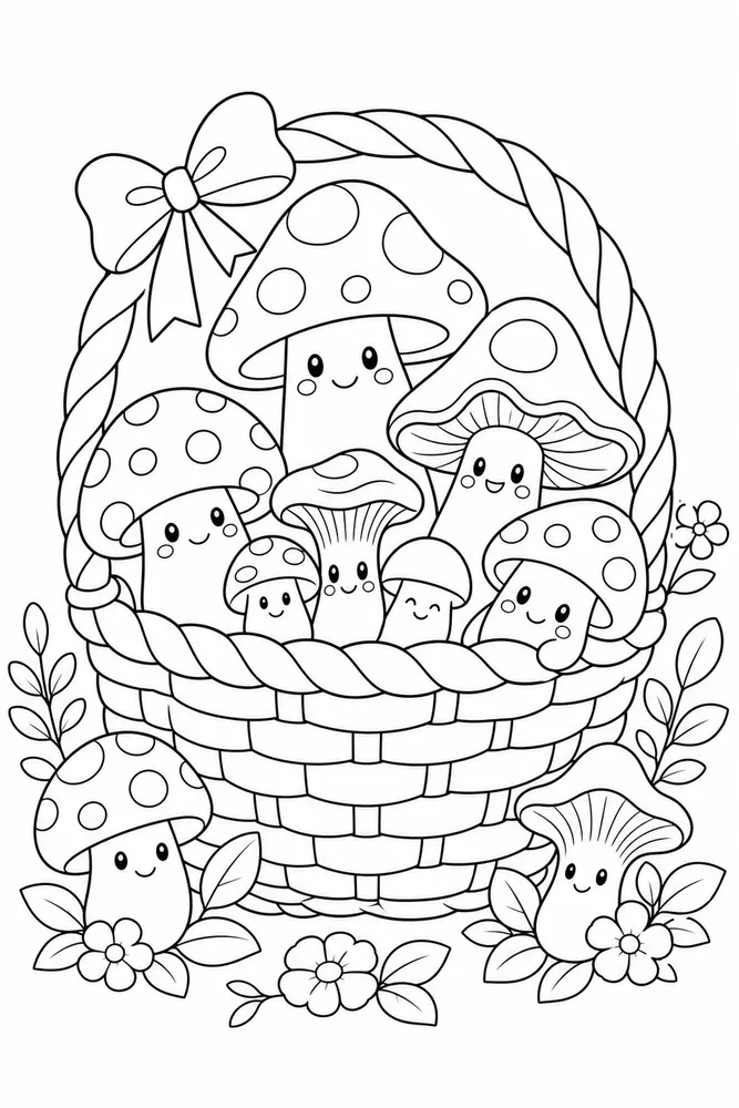 Cute Mushroom Mushroom Basket coloring page
