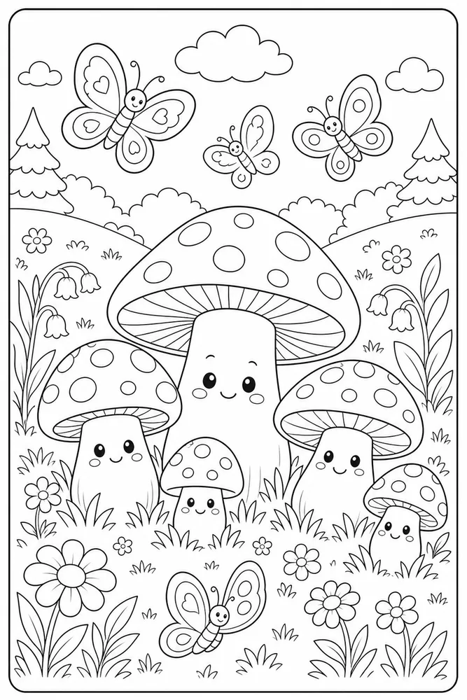 Cute Mushroom Mushroom Butterfly Meadow coloring page