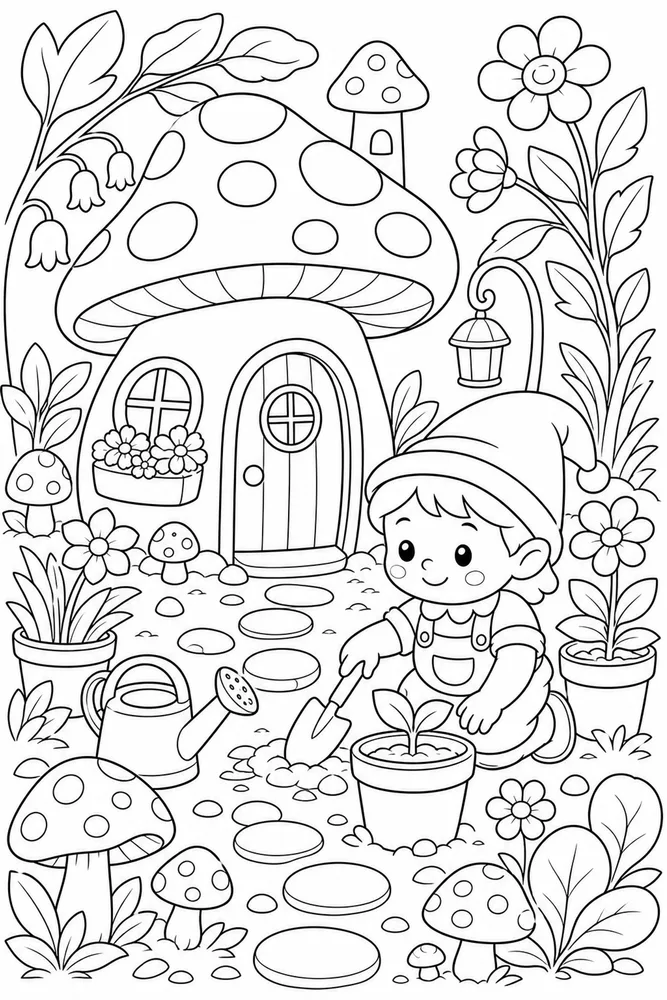 Cute Mushroom Mushroom Fairy Garden Without Wings Focus coloring page