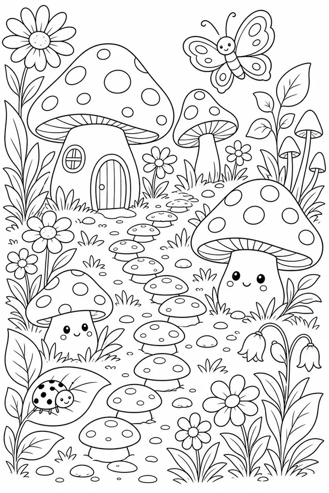 Cute Mushroom Mushroom Flower Path coloring page