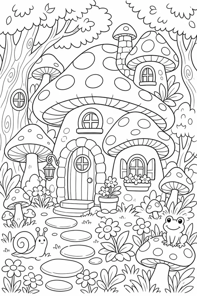 Cute Mushroom Coloring Pages preview: Cute Mushroom Mushroom Forest Cottage coloring page