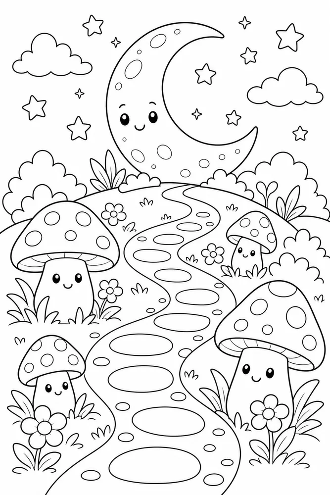 Cute Mushroom Mushroom Moon Path coloring page