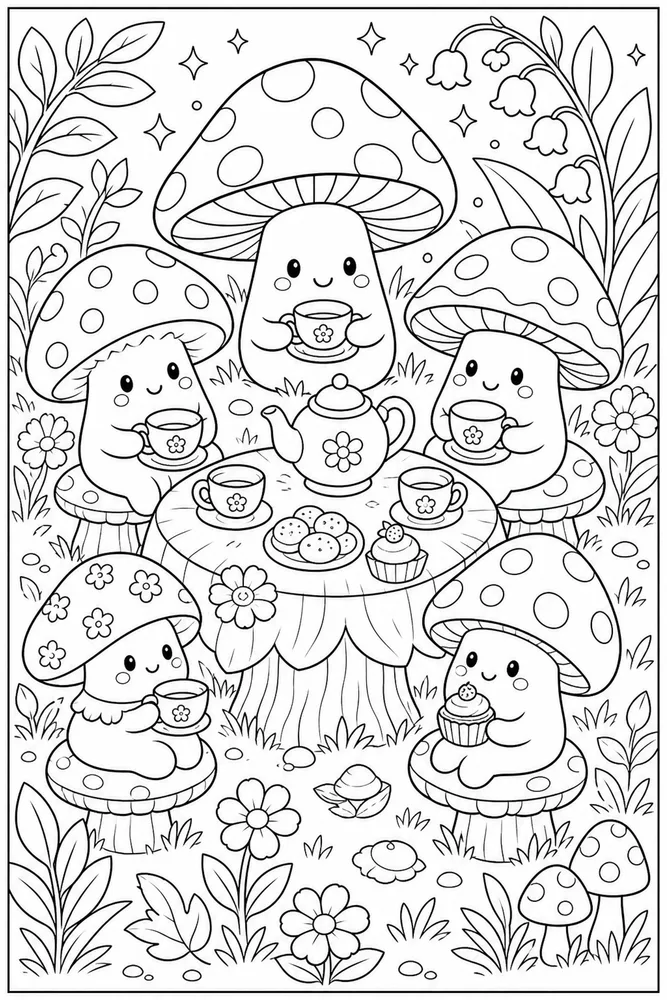 Cute Mushroom Mushroom Tea Party coloring page