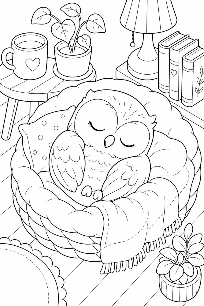 Cute Owl Cute owl cozy indoor moment coloring page