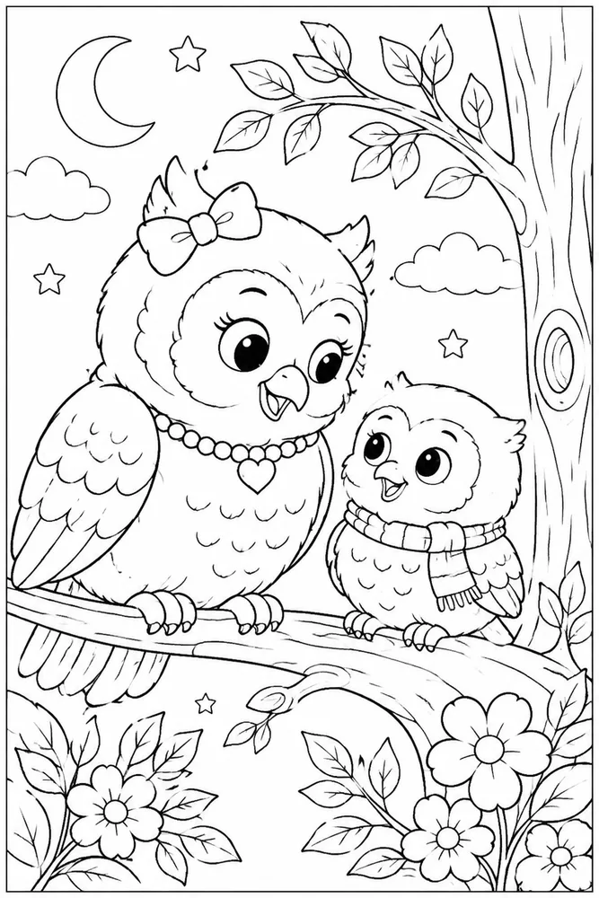 Cute Owl Cute owl family scene coloring page