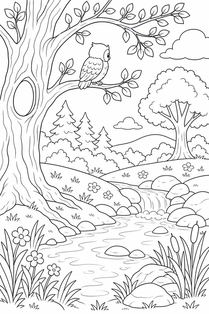 Cute Owl Cute owl habitat background coloring page