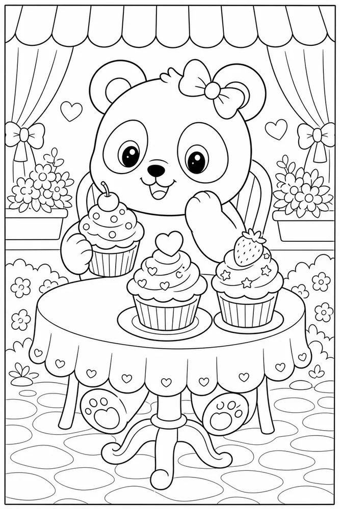 Cute Panda Panda Cupcake Table coloring page