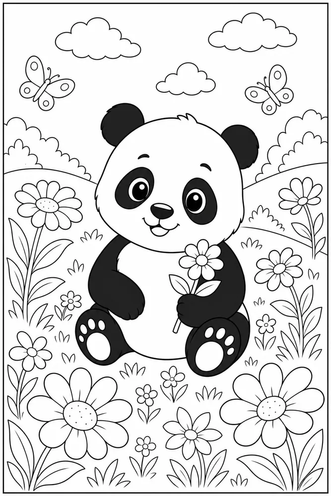 Cute Panda Panda Flower Meadow coloring page