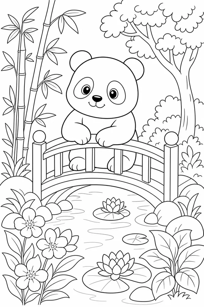 Cute Panda Panda Garden Bridge coloring page