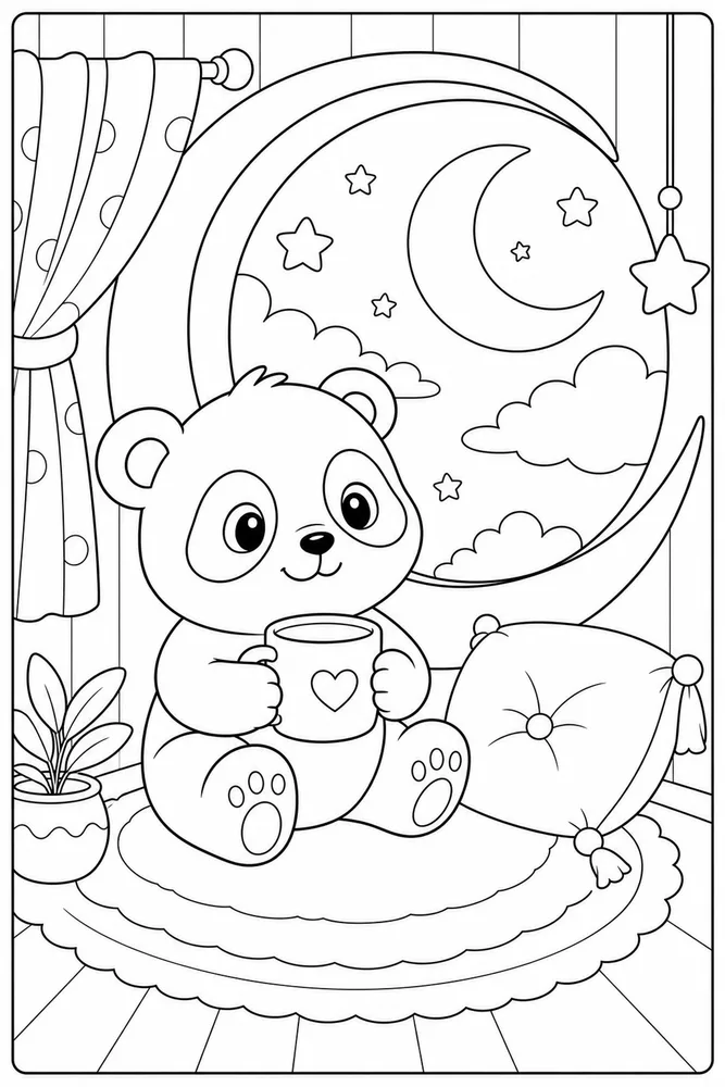 Cute Panda Panda Moon Window coloring page