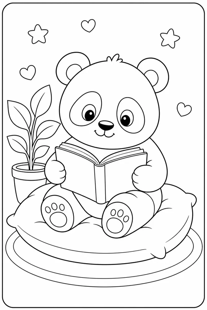 Cute Panda Panda Reading Cushion coloring page