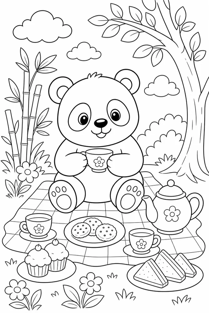 Cute Panda Panda Tea Picnic coloring page