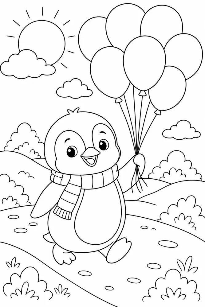 Cute Penguin Penguin Balloon Walk coloring page