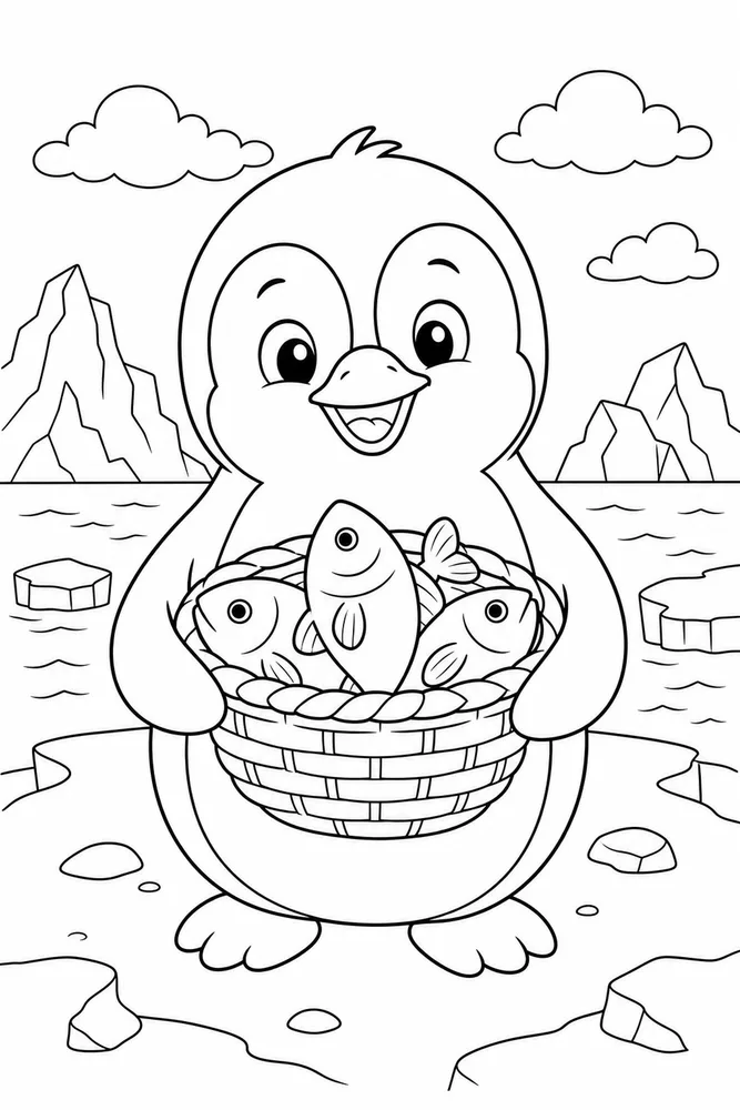 Cute Penguin Penguin Fish Basket coloring page