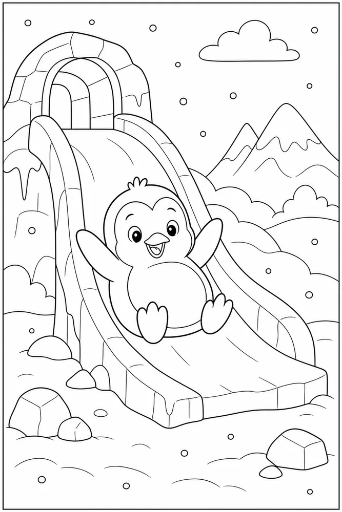 Cute Penguin Penguin Ice Slide coloring page