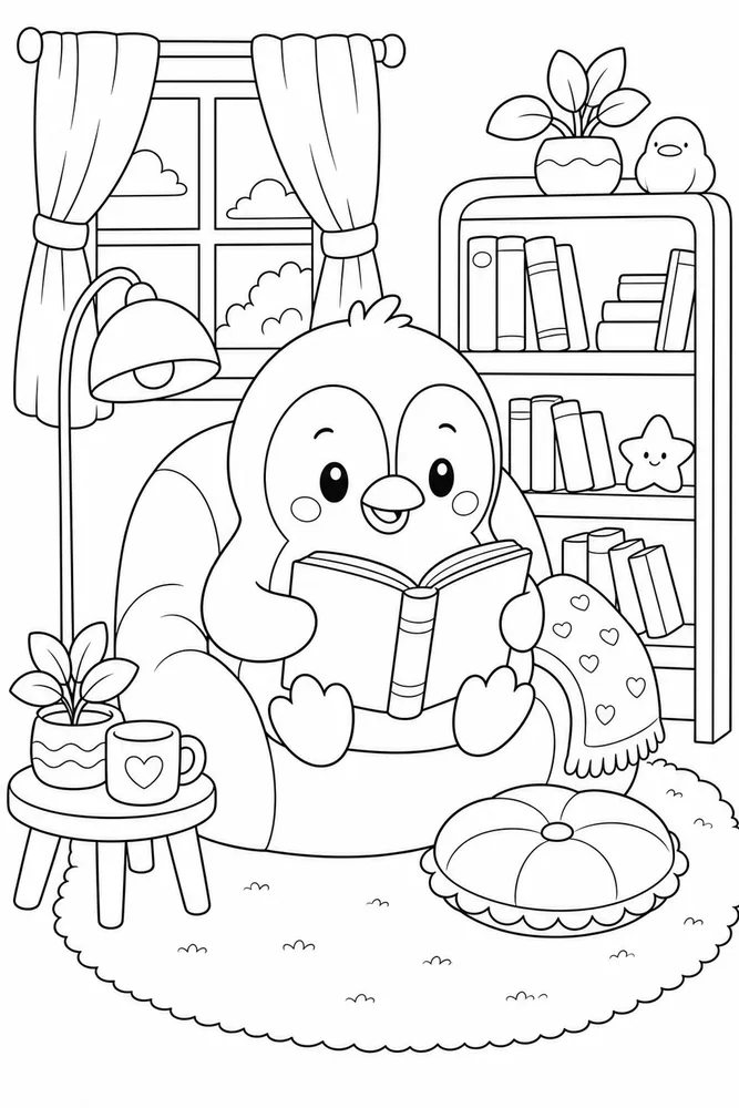 Cute Penguin Penguin Reading Nook coloring page