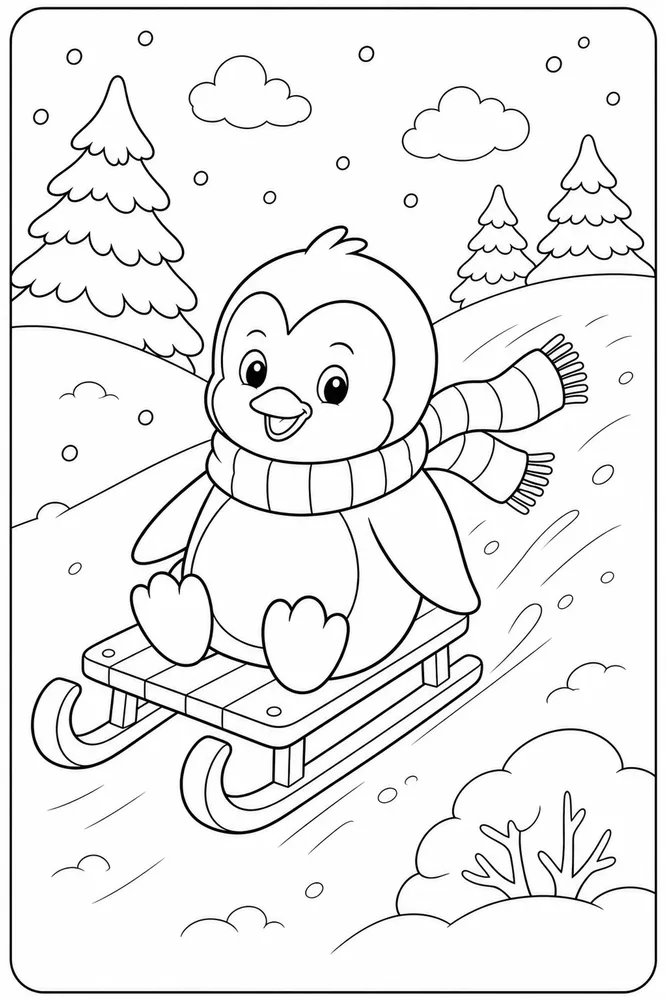 Cute Penguin Penguin Sled Hill coloring page