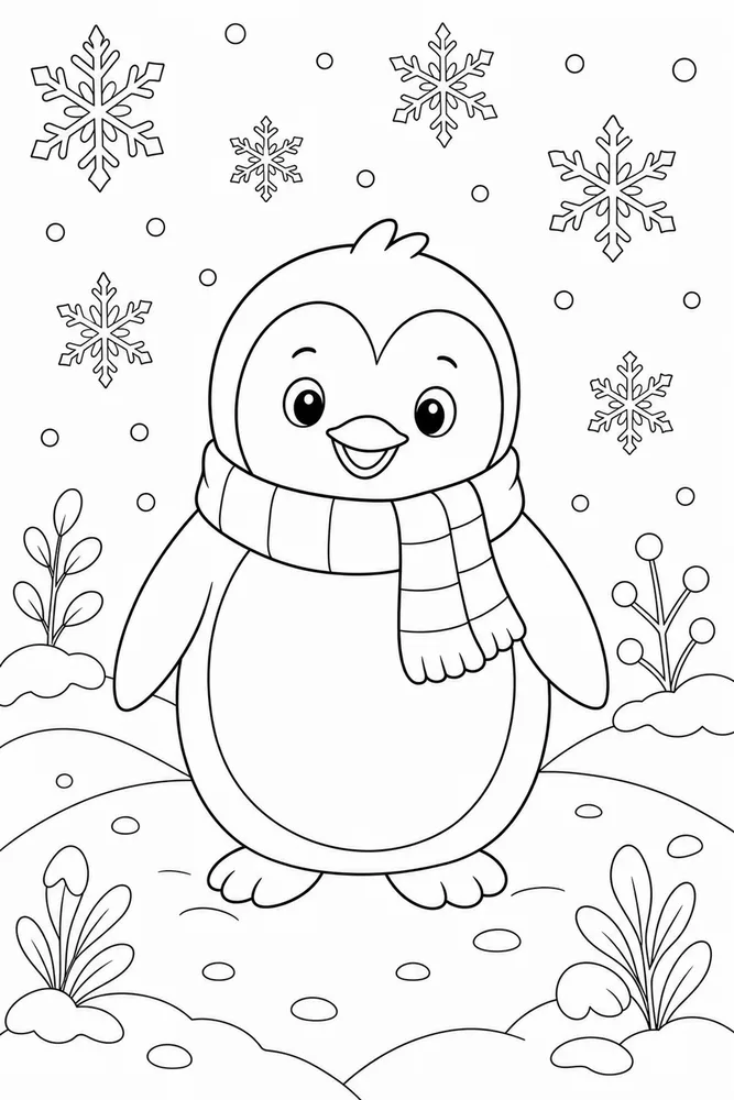 Cute Penguin Penguin Snowflake Meadow coloring page