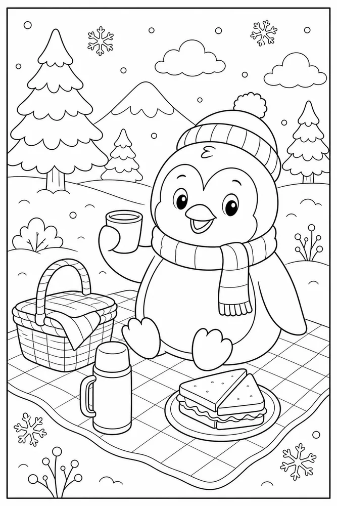 Cute Penguin Penguin Winter Picnic coloring page