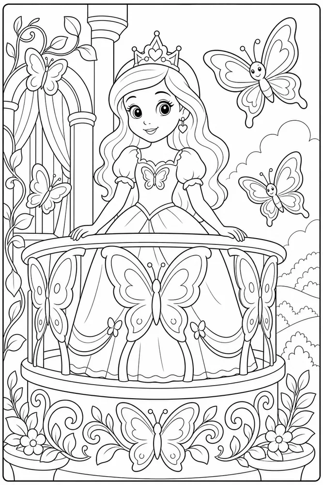 Cute Princess Princess Butterfly Balcony coloring page