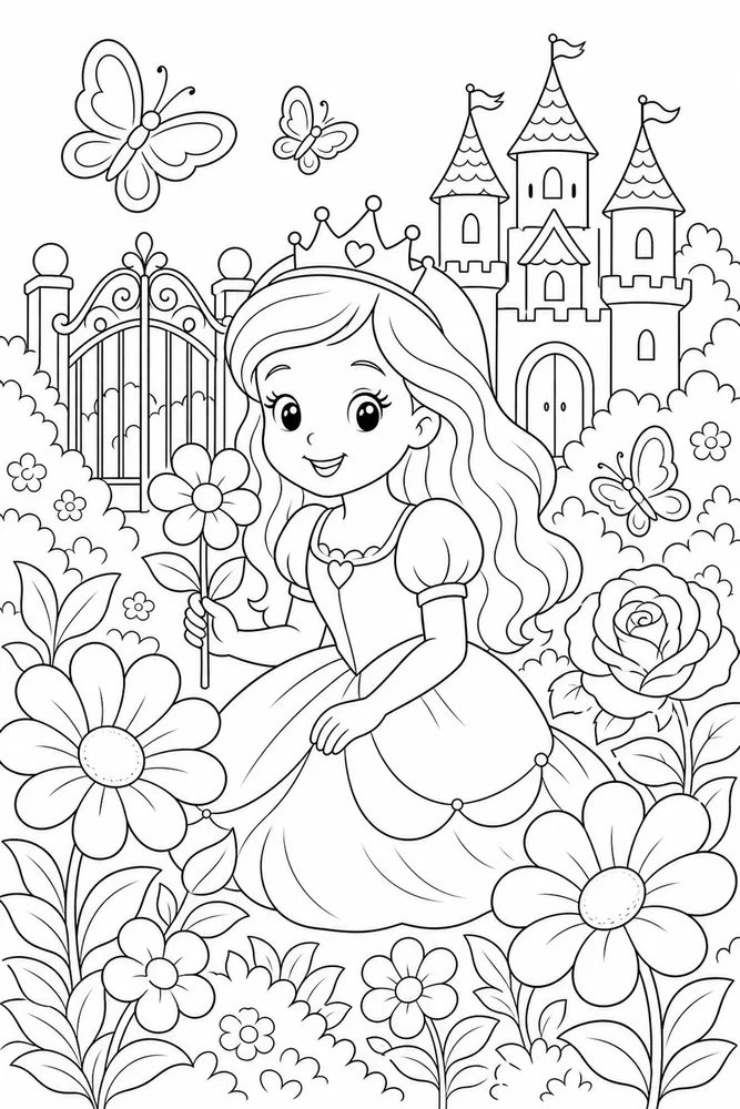 Cute Princess Coloring Pages preview: Cute Princess Princess Flower Garden coloring page