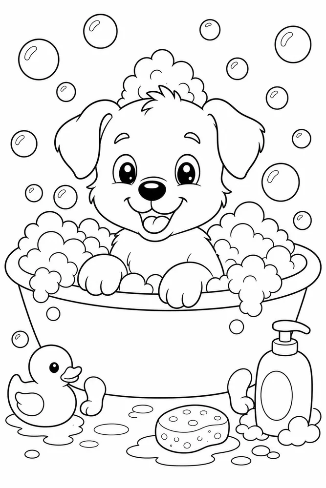 Cute Puppy Puppy Bath Bubbles coloring page