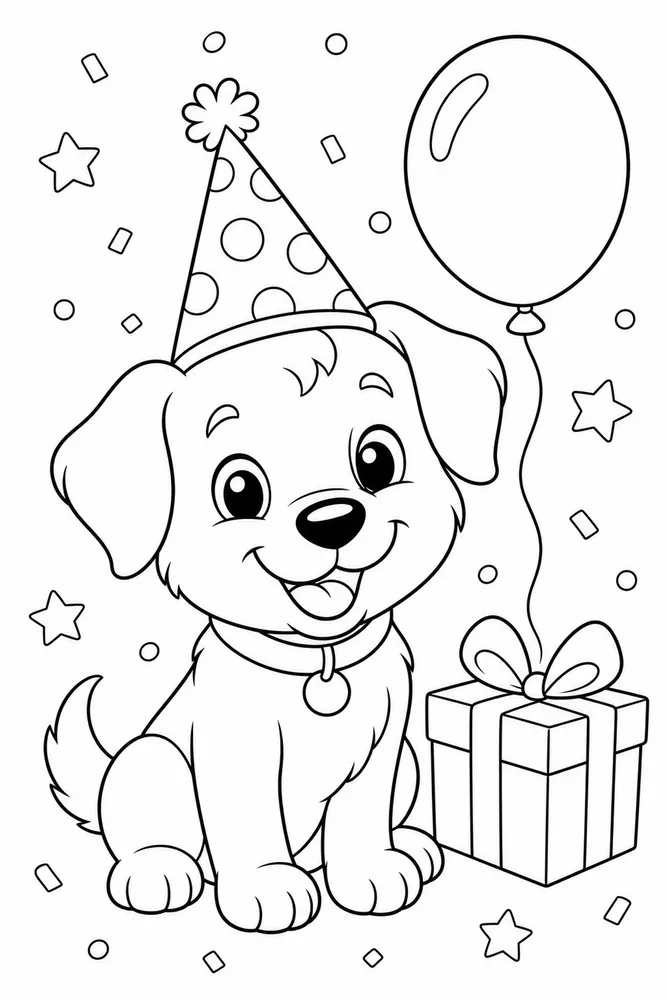 Cute Puppy Puppy Birthday Hat coloring page
