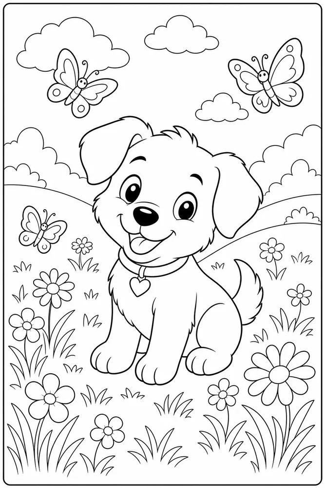 Cute Puppy Puppy Butterfly Meadow coloring page