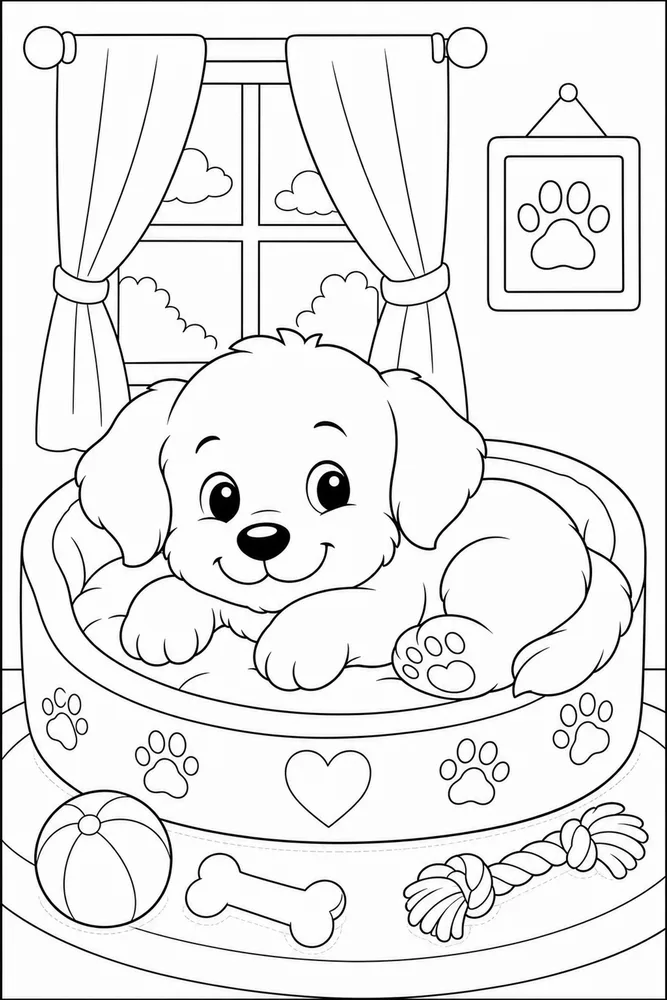 Cute Puppy Puppy Cozy Bed coloring page