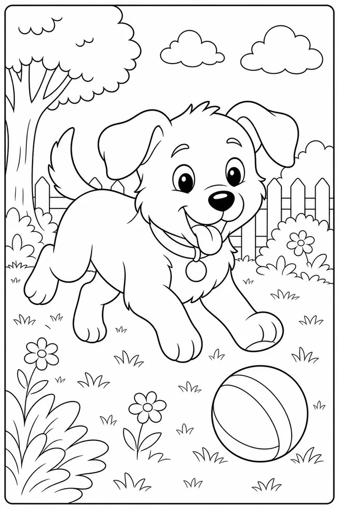 Cute Puppy Puppy Fetch Ball coloring page