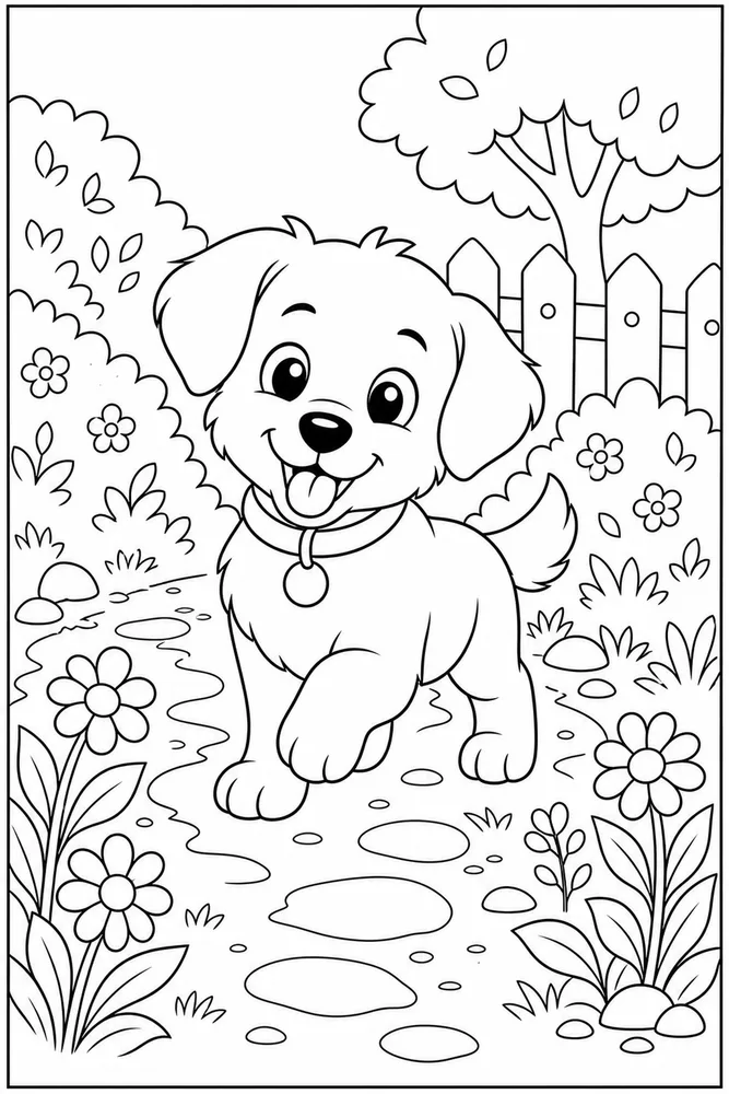 Cute Puppy Puppy Garden Path coloring page