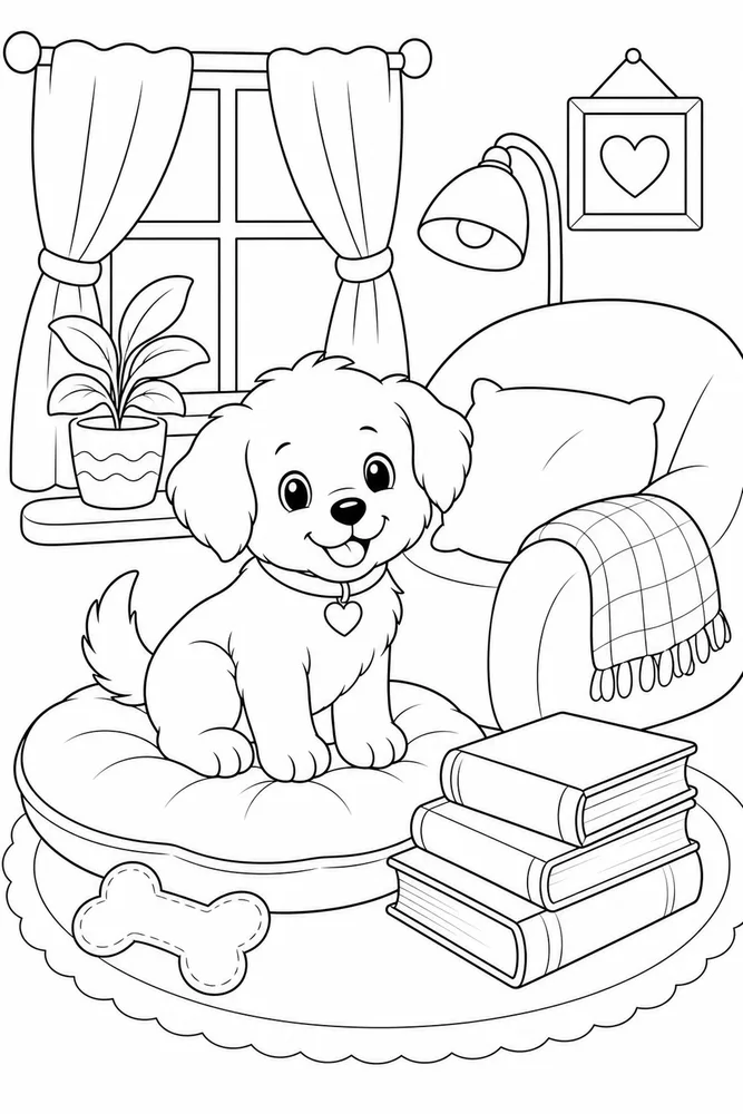 Cute Puppy Puppy Reading Nook coloring page
