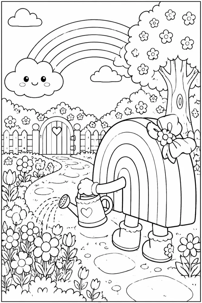 Cute Rainbow Cute rainbow garden setting coloring page