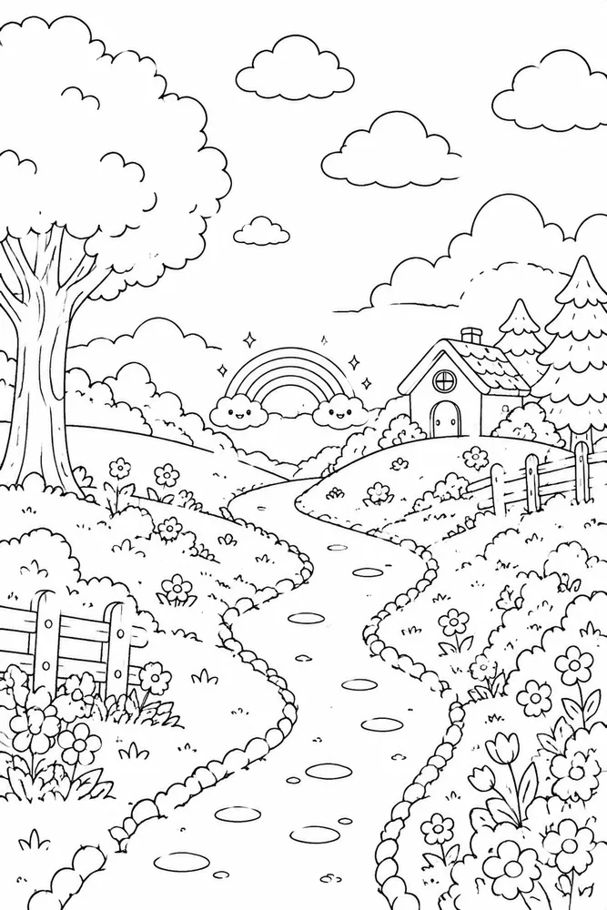 Cute Rainbow Cute rainbow outdoor path coloring page