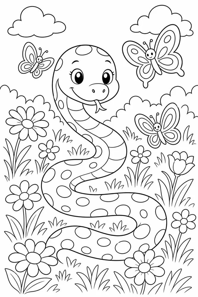 Cute Snake Snake Butterfly Meadow coloring page
