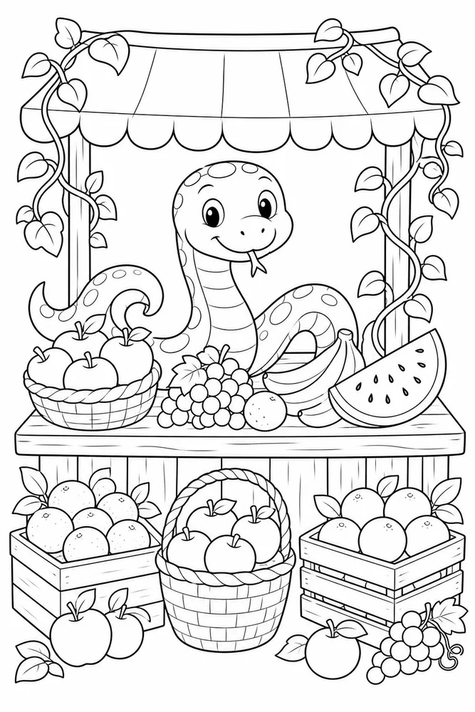 Cute Snake Snake Fruit Stand coloring page