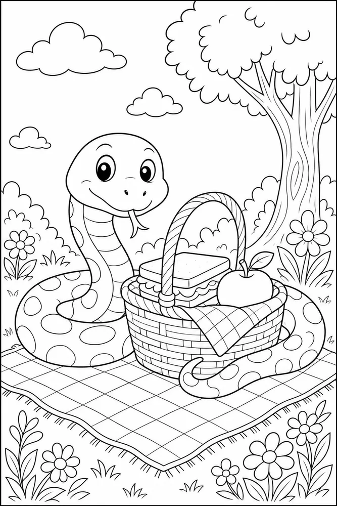 Cute Snake Snake Picnic Basket coloring page