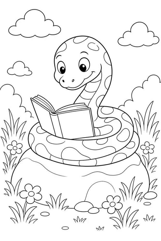 Cute Snake Snake Reading Rock coloring page