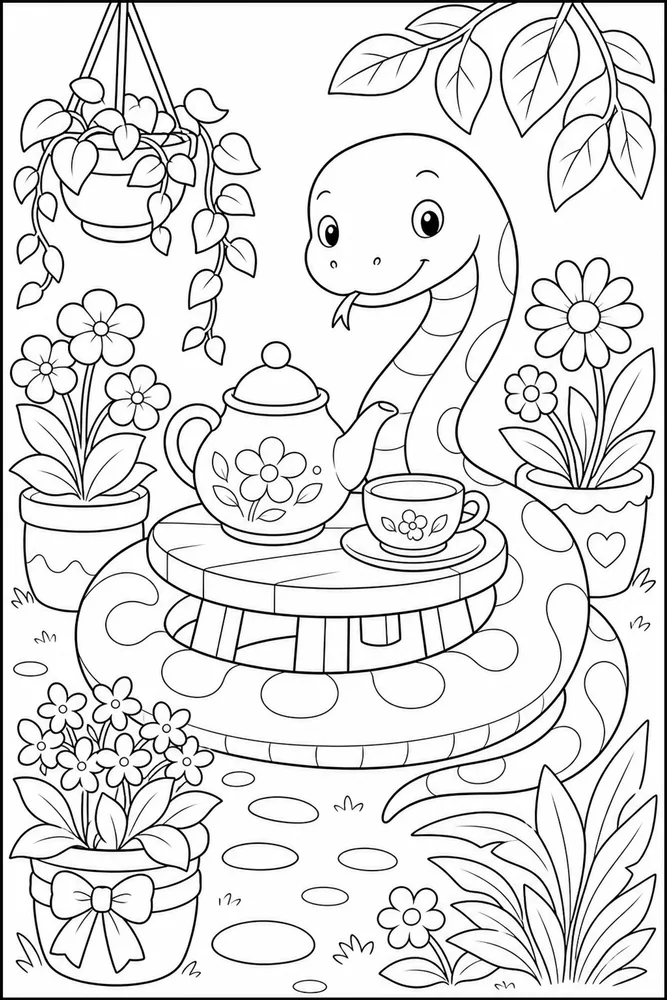 Cute Snake Snake Tea Garden coloring page