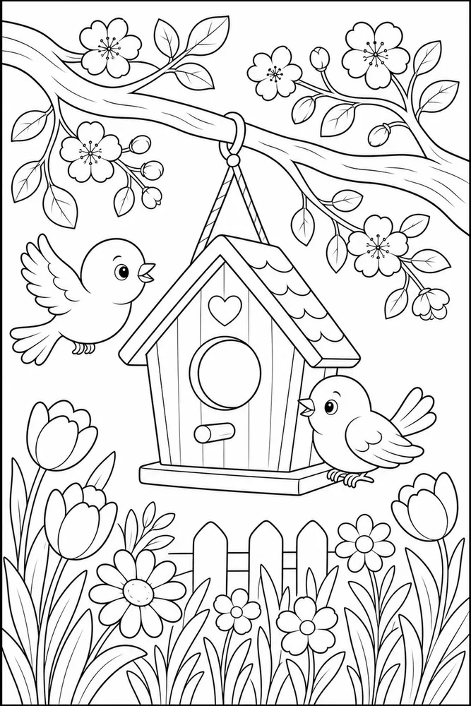 Cute Spring Birdhouse Branch coloring page